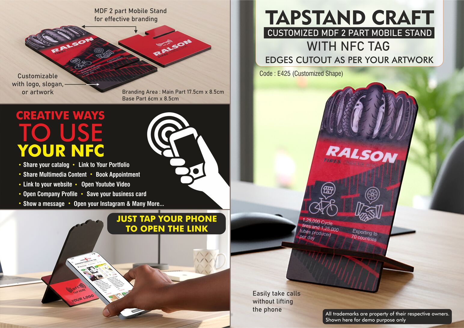 TapStand Craft : Customized MDF 2 part Mobile stand with NFC Tag - Link to your Catalog, Website, Video, etc - Edges cutout as per your artwork