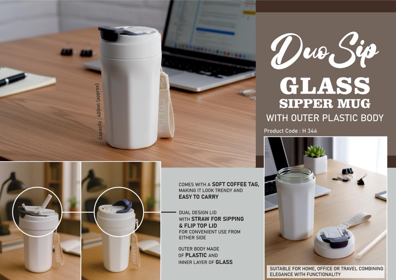 DuoSip- Glass sipper mug with outer Plastic body - Flip top lid and carry strap - Capacity 400ml (approx)