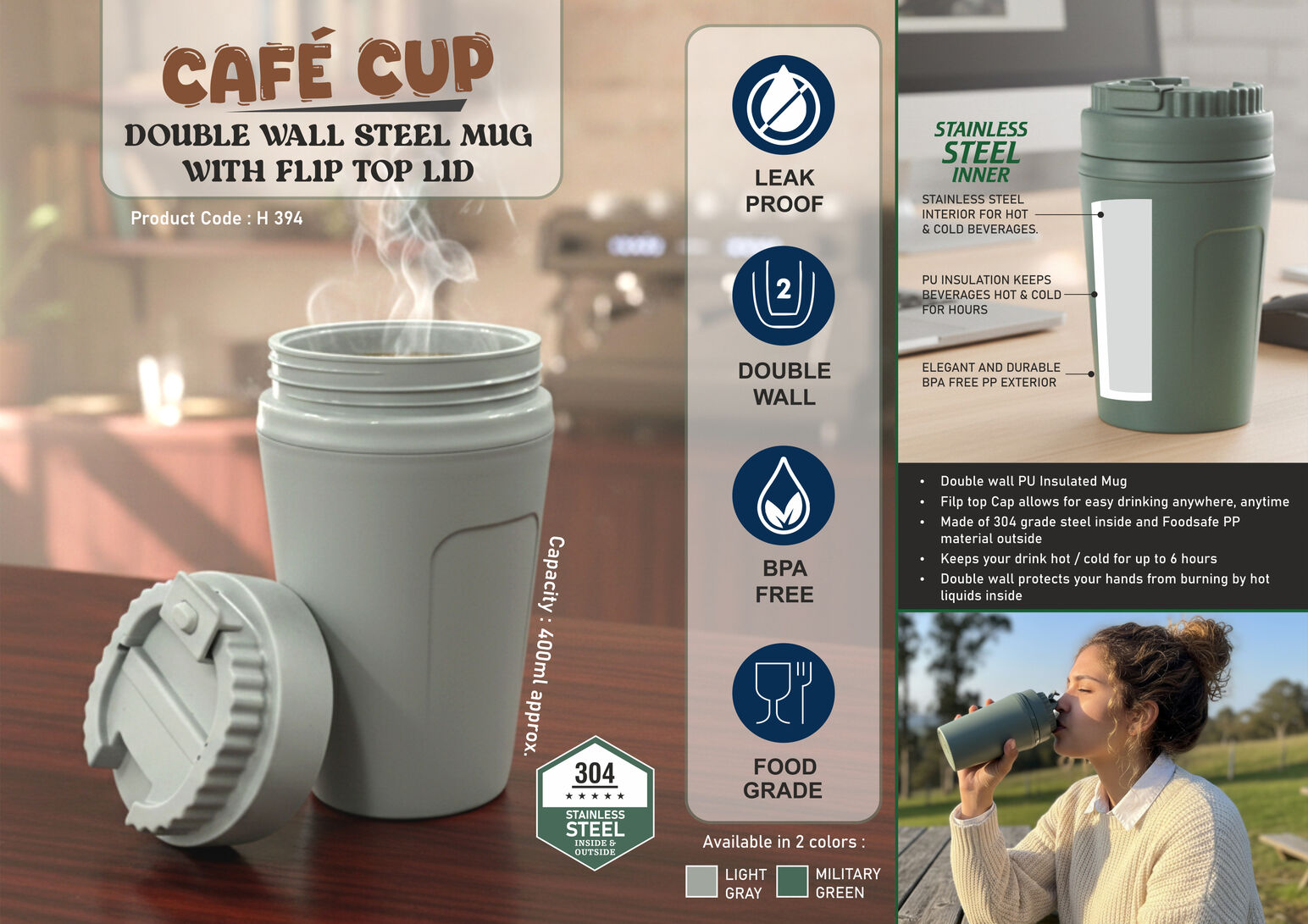 Cafe Cup: Double wall Steel mug with flip top lid - Capacity 400ml approx