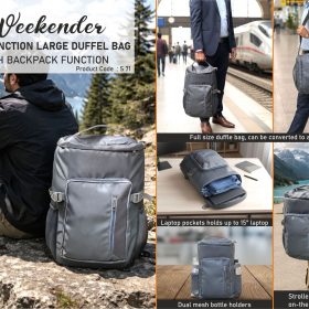Weekender: Dual function Large Duffel Bag with Backpack function - Can be used as an Overnighter - Water resistant fabric - Spacious outside pockets