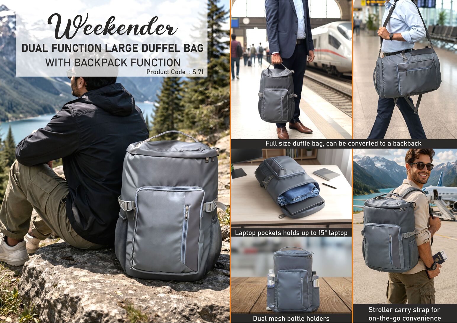 Weekender: Dual function Large Duffel Bag with Backpack function - Can be used as an Overnighter - Water resistant fabric - Spacious outside pockets