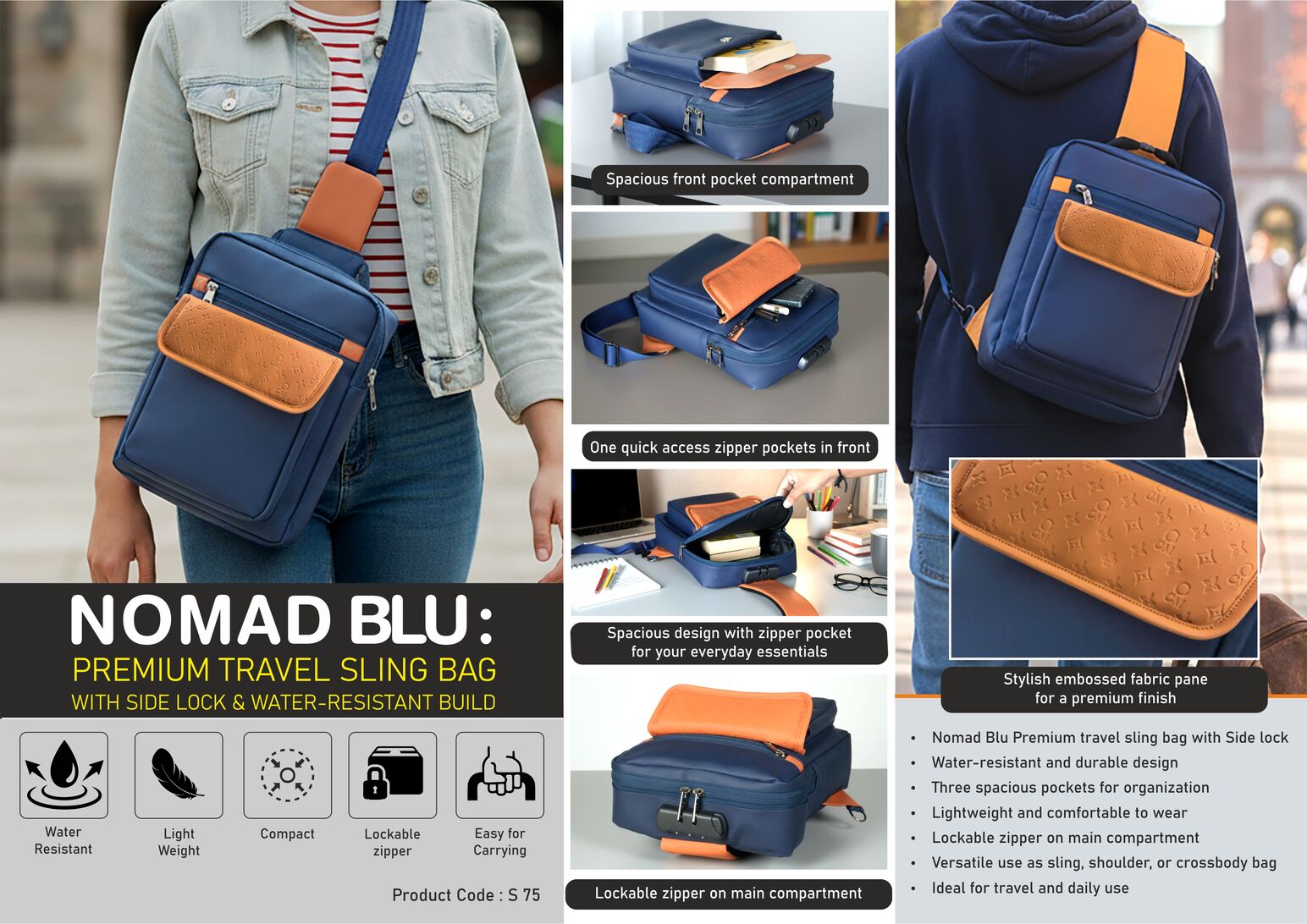 Nomad Blu: Premium travel sling bag with Side lock - Waterproof build with 3 pockets - Perfect for travel